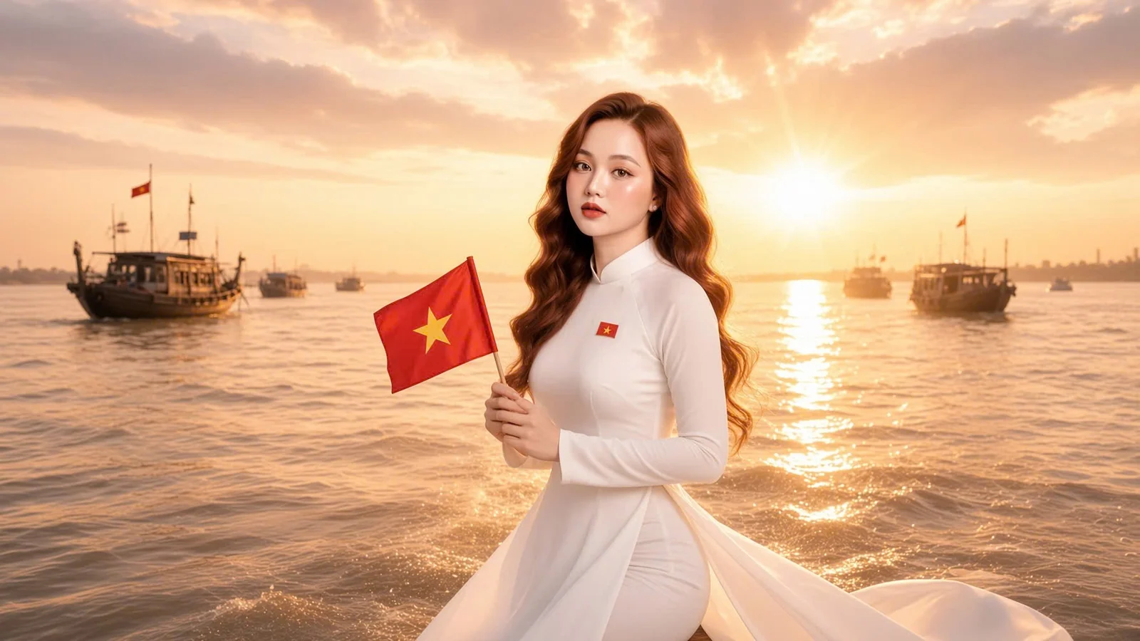 Hương trong áo dài trắng cầm lá cờ đỏ sao vàng trên mặt biển lúc bình minh, phía sau là những chiếc thuyền đánh cá