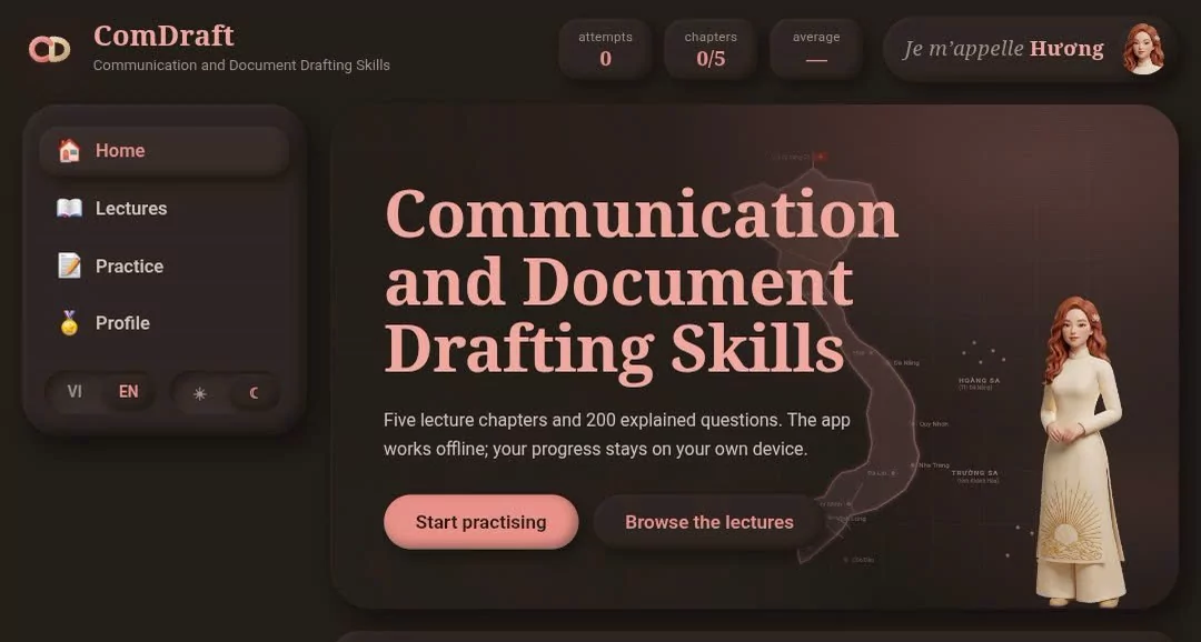 The ComDraft app: a dark interface with the chapter menu on the left, the Communication and Document Drafting Skills title, and the clay figure in a cream ao dai standing on a map of Vietnam
