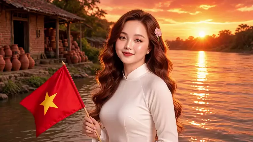 Do Thuy Huong in a white ao dai holding the Vietnamese flag on a riverbank lined with clay pots at sunset