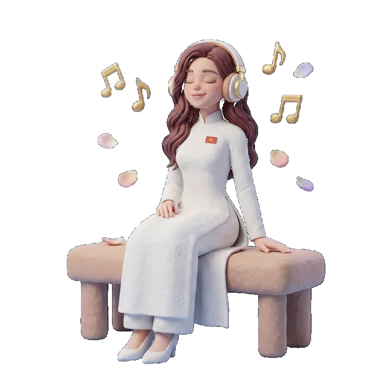 Huong AI seated on a bench listening to music through headphones
