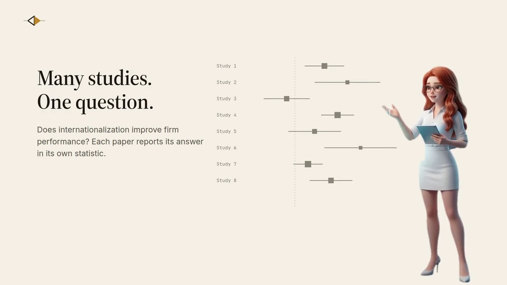 Opening film for M-AIDA: beside the line Many studies. One question. a forest plot builds eight unverified study rows, with a 3D figure of Huong presenting at the right