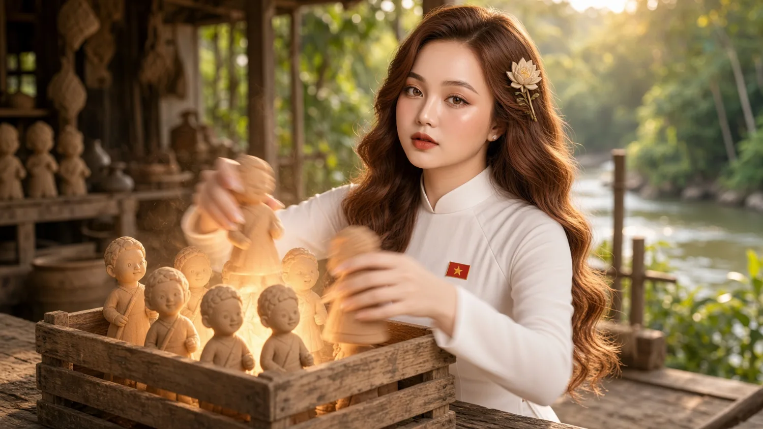 A wooden crate of small clay figures being packed beside a river