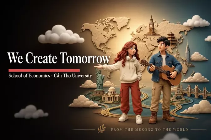 Paper-craft title card: two students with a guitar on a sculpted world map, the Mekong lit in gold, reading We Create Tomorrow - School of Economics, Can Tho University